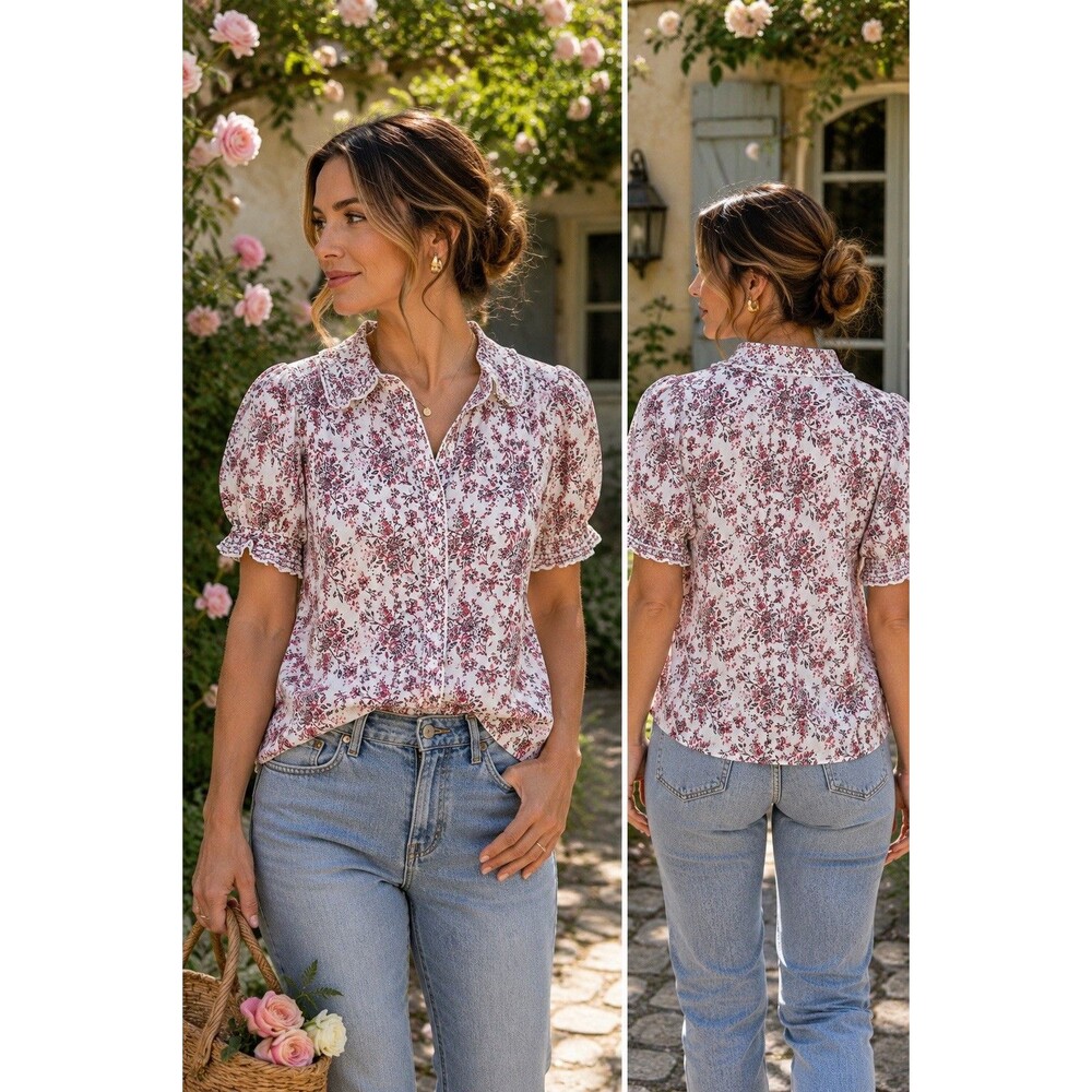 Max Studio Floral Cotton Blouse XS Puff Sleeve Ruffle Collar Cottagecore - Picture 9 of 14